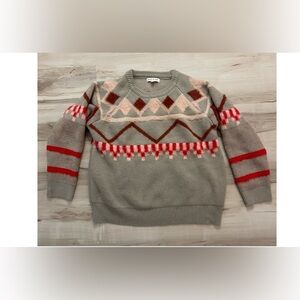 Woven Heart Gray Sweater with Red and Pink Fair Isle Pattern